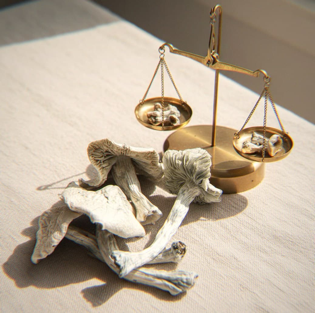 Dried Great White Monster mushrooms portioned beside an apothecary scale (Psilocybe cubensis)