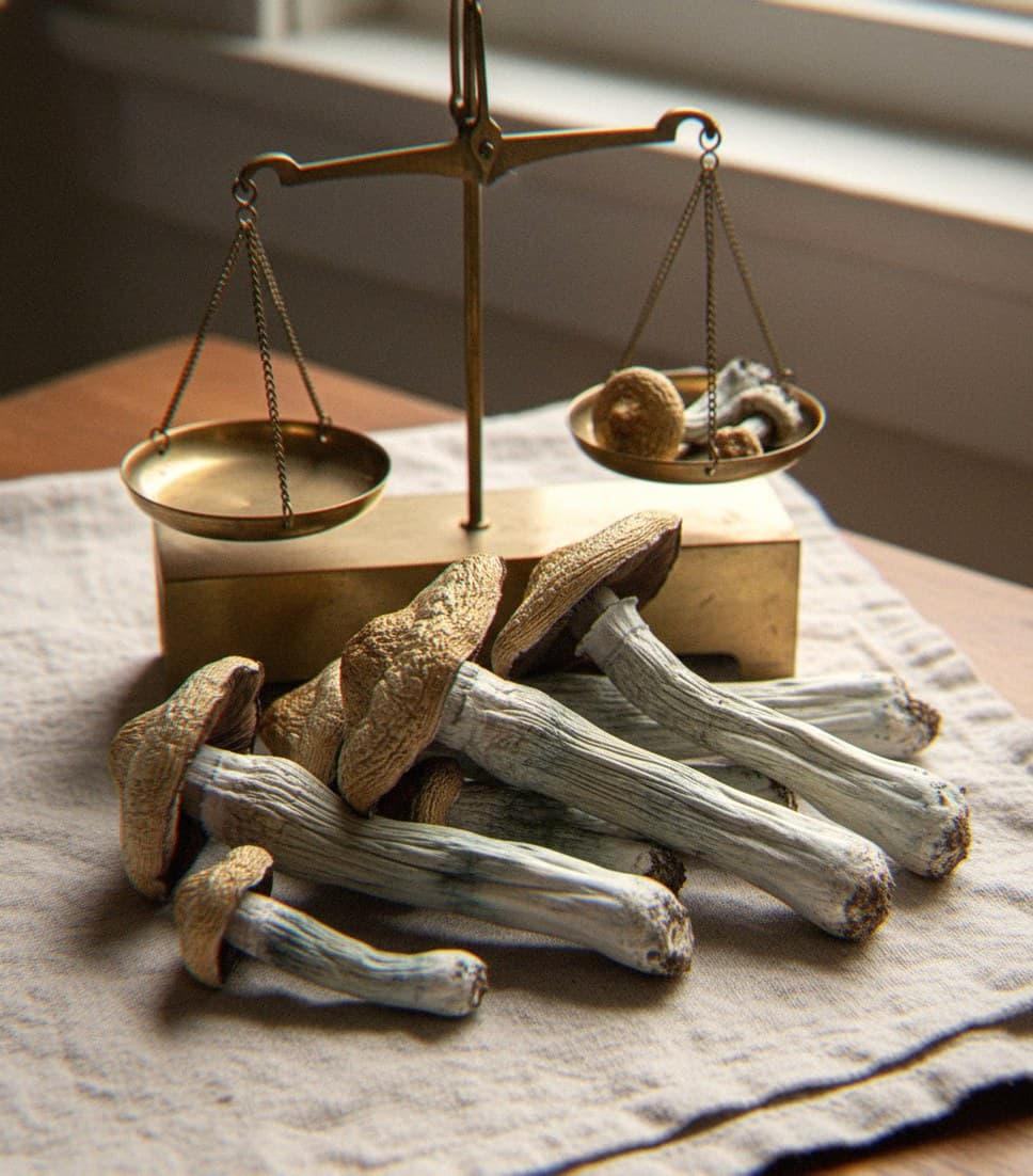 Dried Hawaiian mushrooms portioned beside an apothecary scale (Psilocybe cubensis)