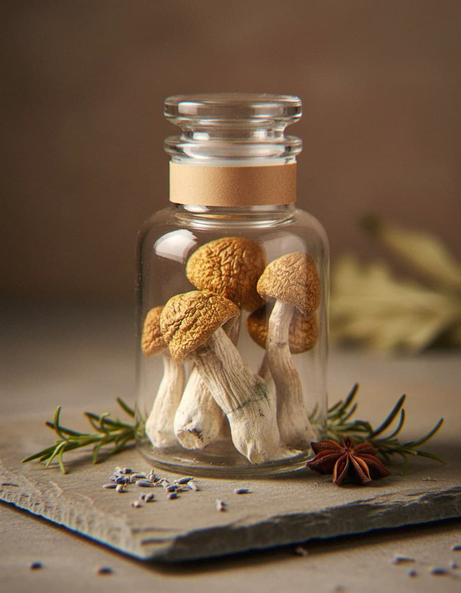 Dried Hillbilly mushrooms in an apothecary jar — MicroDose IQ strain guide