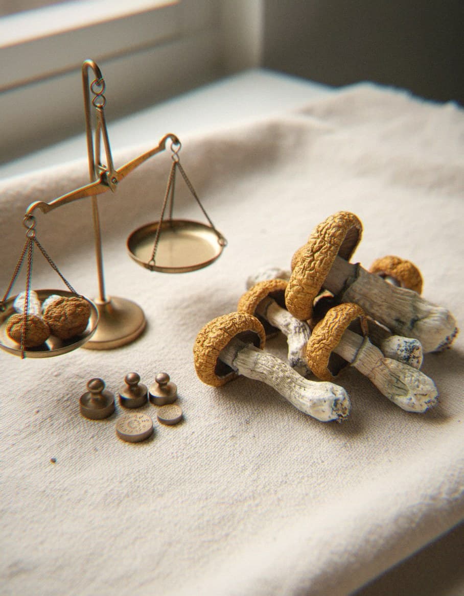Dried Hillbilly mushrooms portioned beside an apothecary scale (Psilocybe cubensis)
