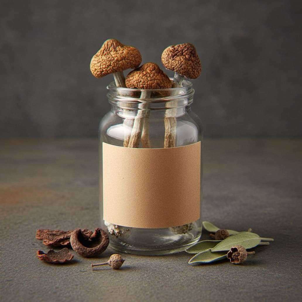 Dried Huautla mushrooms in an apothecary jar — MicroDose IQ strain guide