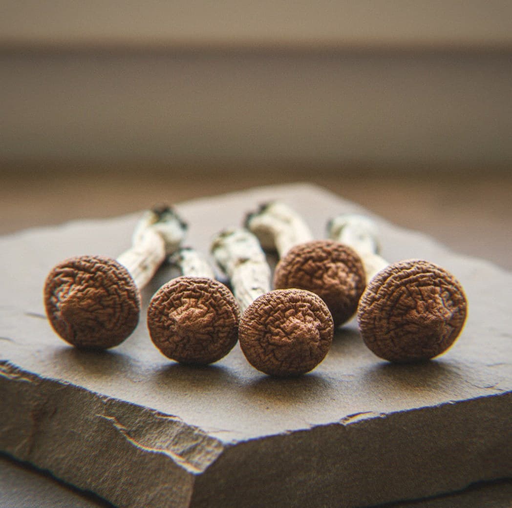 Dried Huautla psilocybin mushrooms (Psilocybe cubensis) — slender