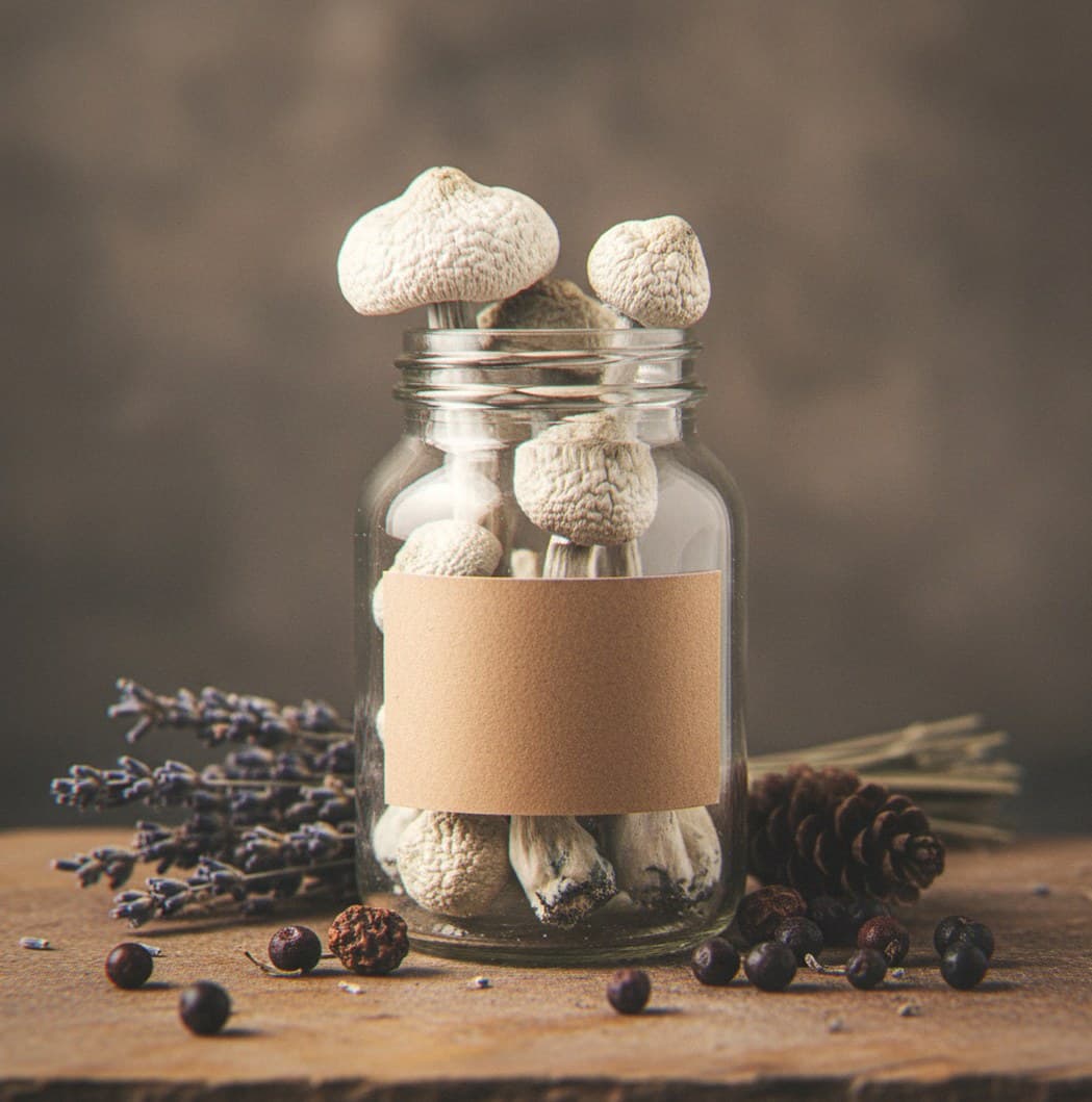 Dried Jack Frost mushrooms in an apothecary jar — MicroDose IQ strain guide