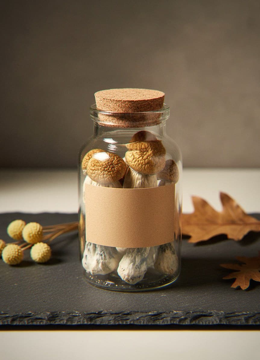 Dried Jedi Mind Fuck mushrooms in an apothecary jar — MicroDose IQ strain guide