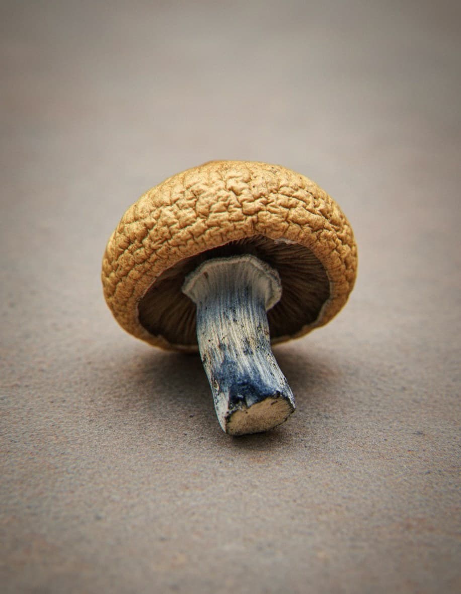 Macro close-up of a dried Jedi Mind Fuck mushroom cap and stem (Psilocybe cubensis)