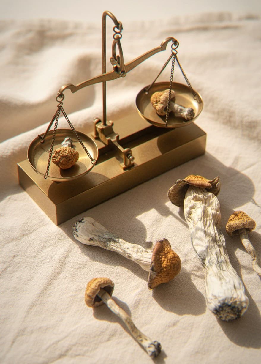 Dried Jedi Mind Fuck mushrooms portioned beside an apothecary scale (Psilocybe cubensis)