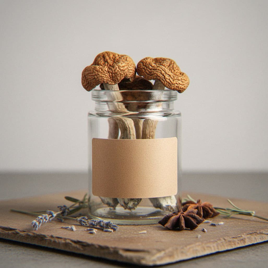 Dried Koh Samui Super Strain mushrooms in an apothecary jar — MicroDose IQ strain guide