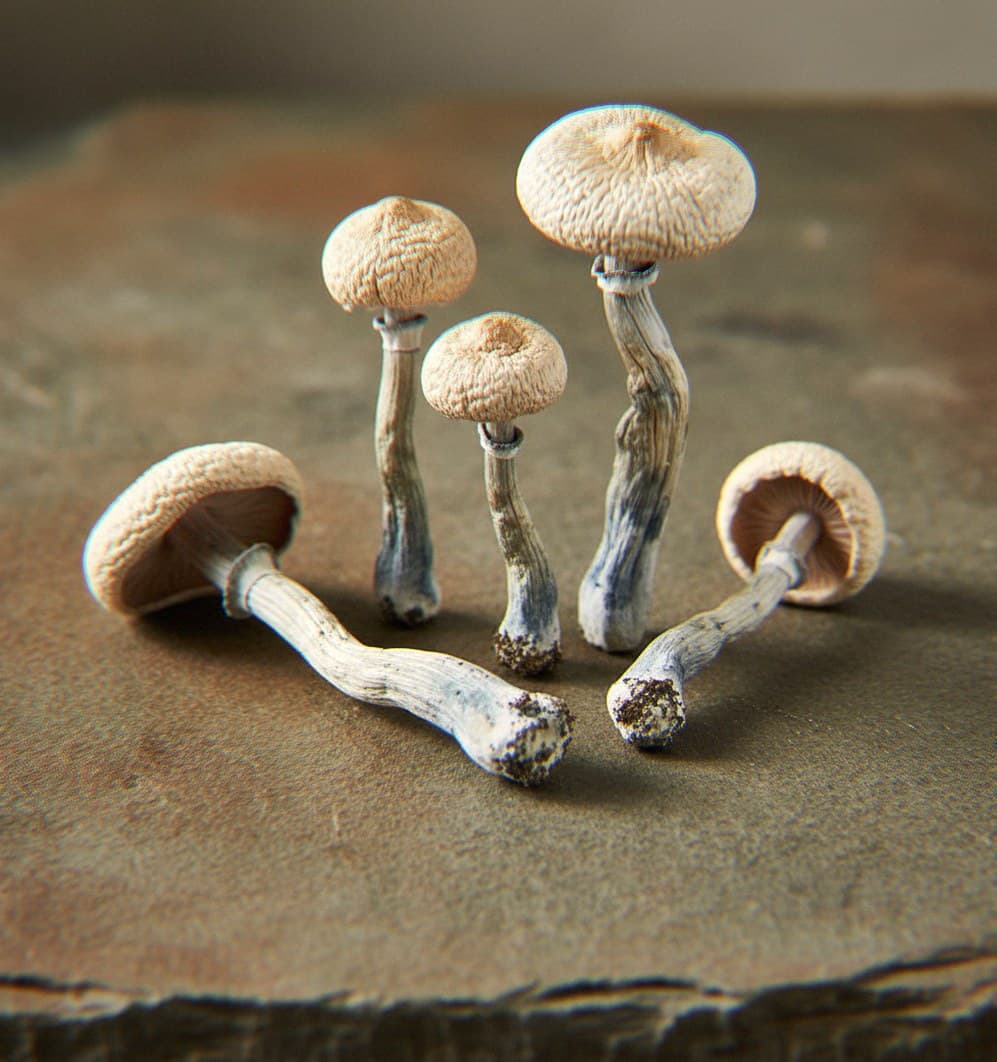 Dried Leucistic Golden Teacher psilocybin mushrooms (Psilocybe cubensis) — pale cream to white caps instead of golden