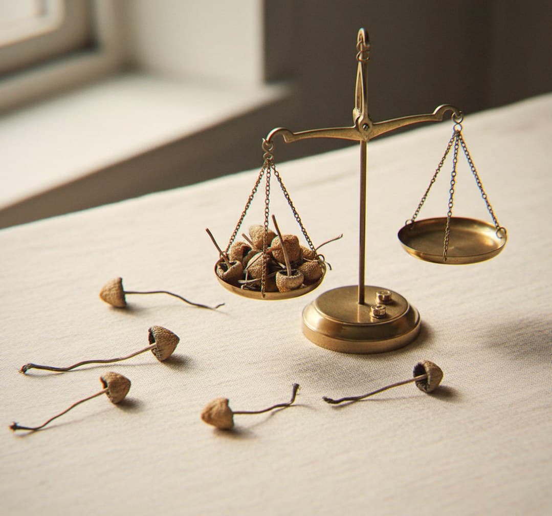 Dried Liberty Cap mushrooms portioned beside an apothecary scale (Psilocybe semilanceata)