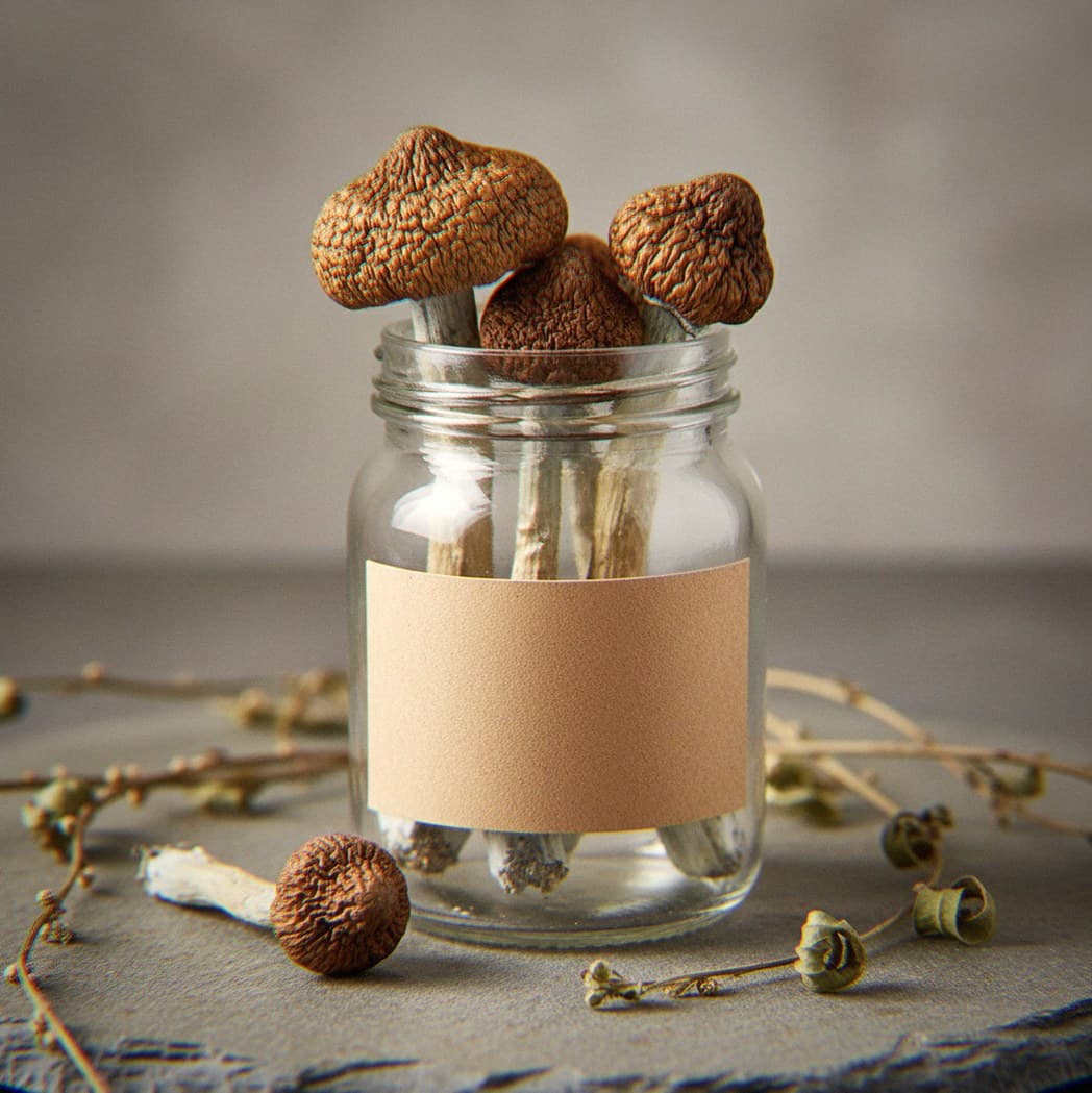 Dried Mazatapec mushrooms in an apothecary jar — MicroDose IQ strain guide