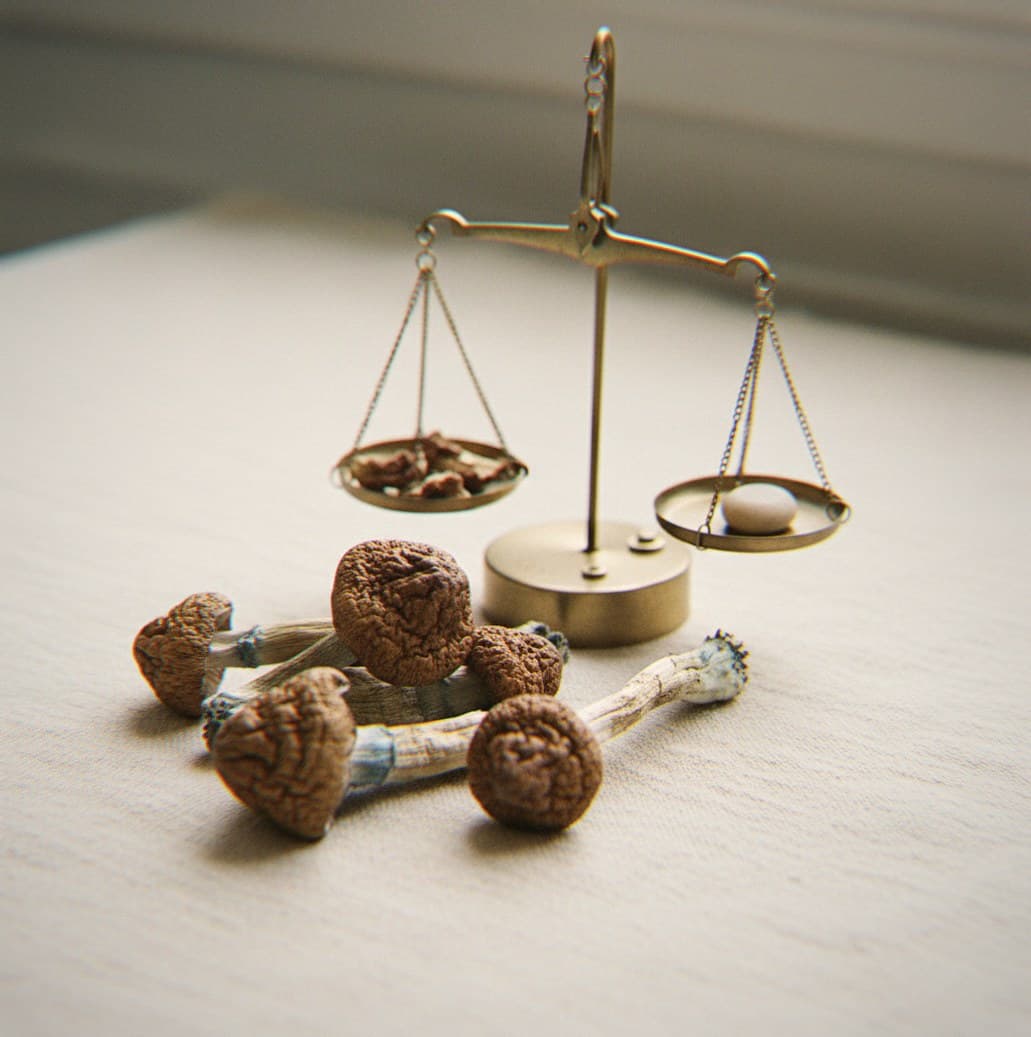 Dried Mazatapec mushrooms portioned beside an apothecary scale (Psilocybe cubensis)