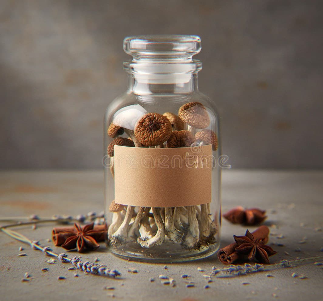 Dried McKennaii mushrooms in an apothecary jar — MicroDose IQ strain guide