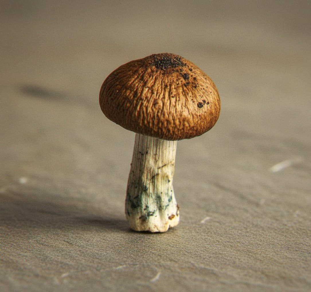 Macro close-up of a dried McKennaii mushroom cap and stem (Psilocybe cubensis)