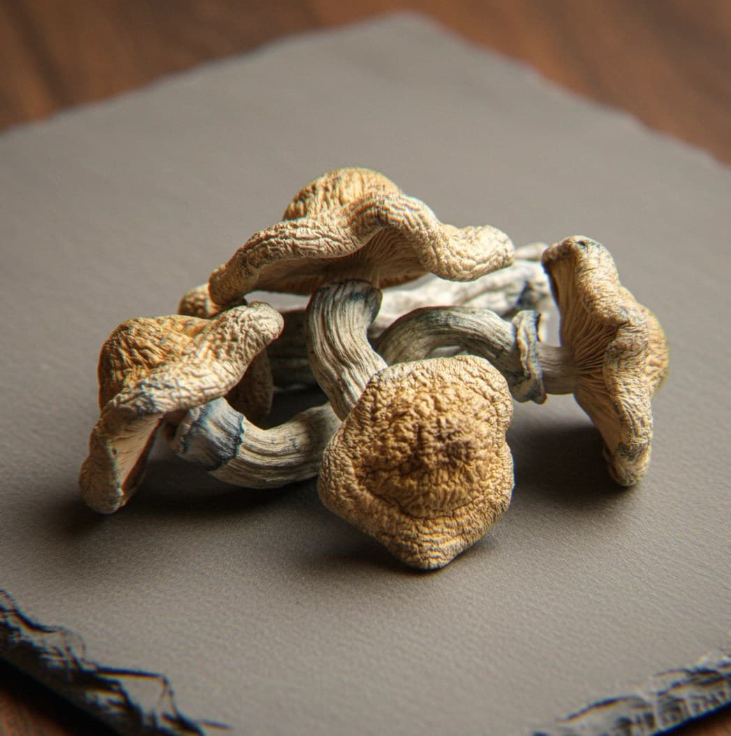 Dried Melmac psilocybin mushrooms (Psilocybe cubensis) — contorted