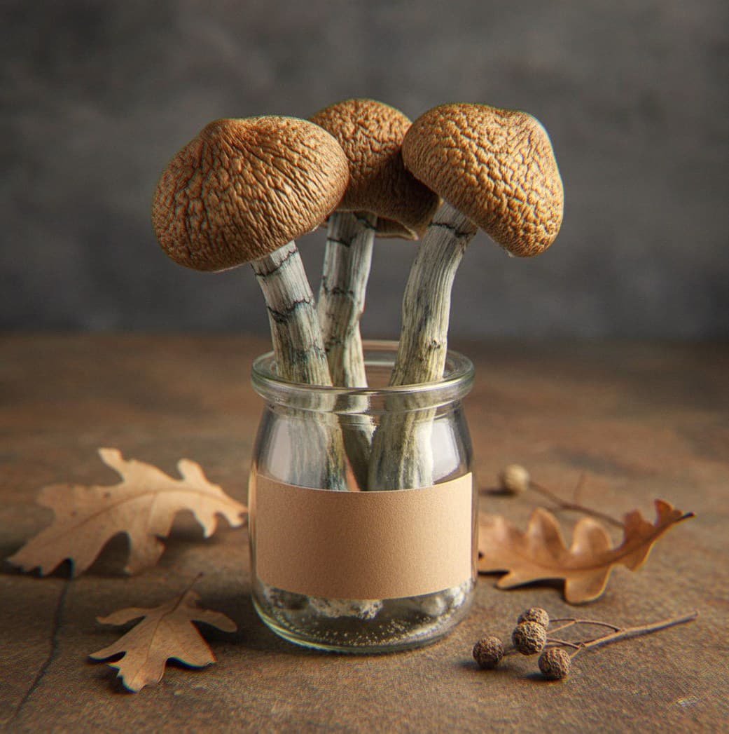 Dried Mexican Dutch King mushrooms in an apothecary jar — MicroDose IQ strain guide