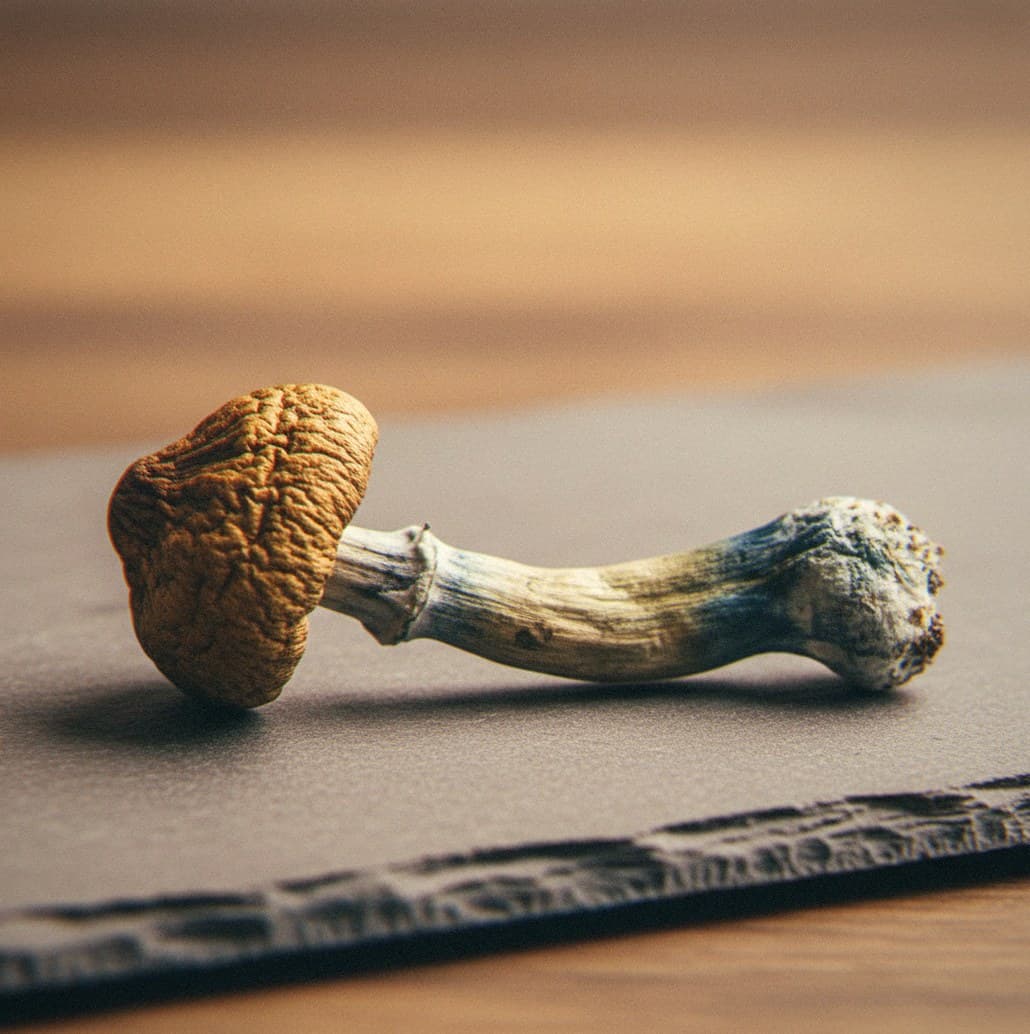 Macro close-up of a dried Mexican Dutch King mushroom cap and stem (Psilocybe cubensis)