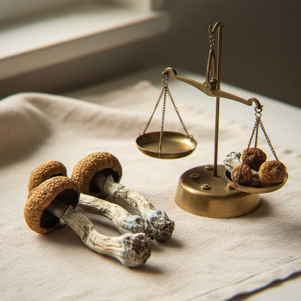 Dried Mexican Dutch King mushrooms portioned beside an apothecary scale (Psilocybe cubensis)
