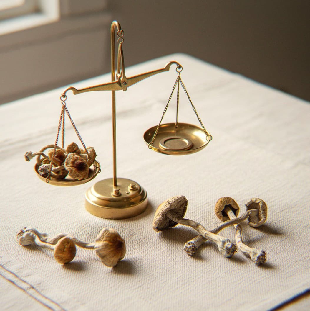 Dried Nepal Chitwan mushrooms portioned beside an apothecary scale (Psilocybe cubensis)
