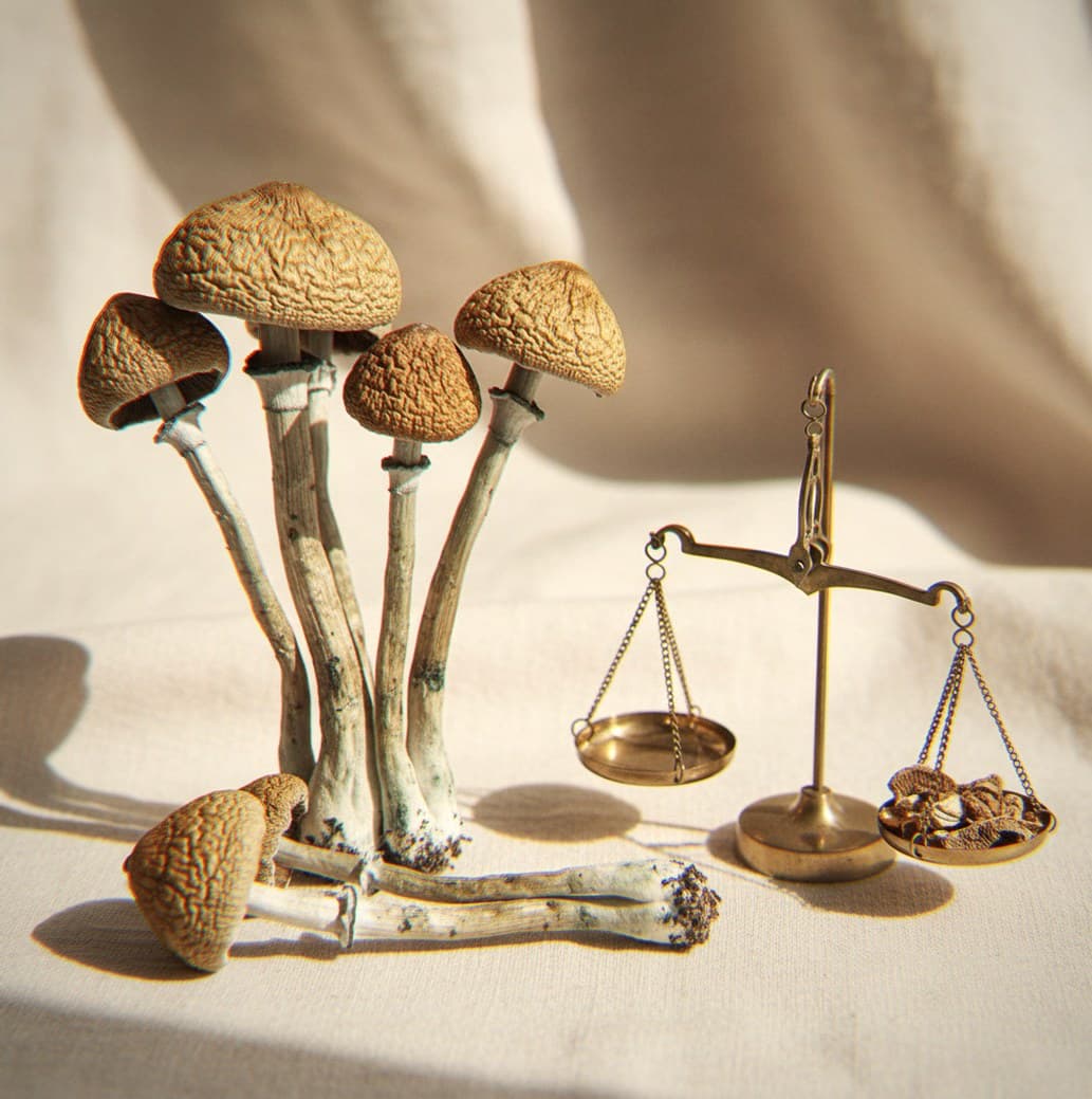 Dried Orissa India mushrooms portioned beside an apothecary scale (Psilocybe cubensis)