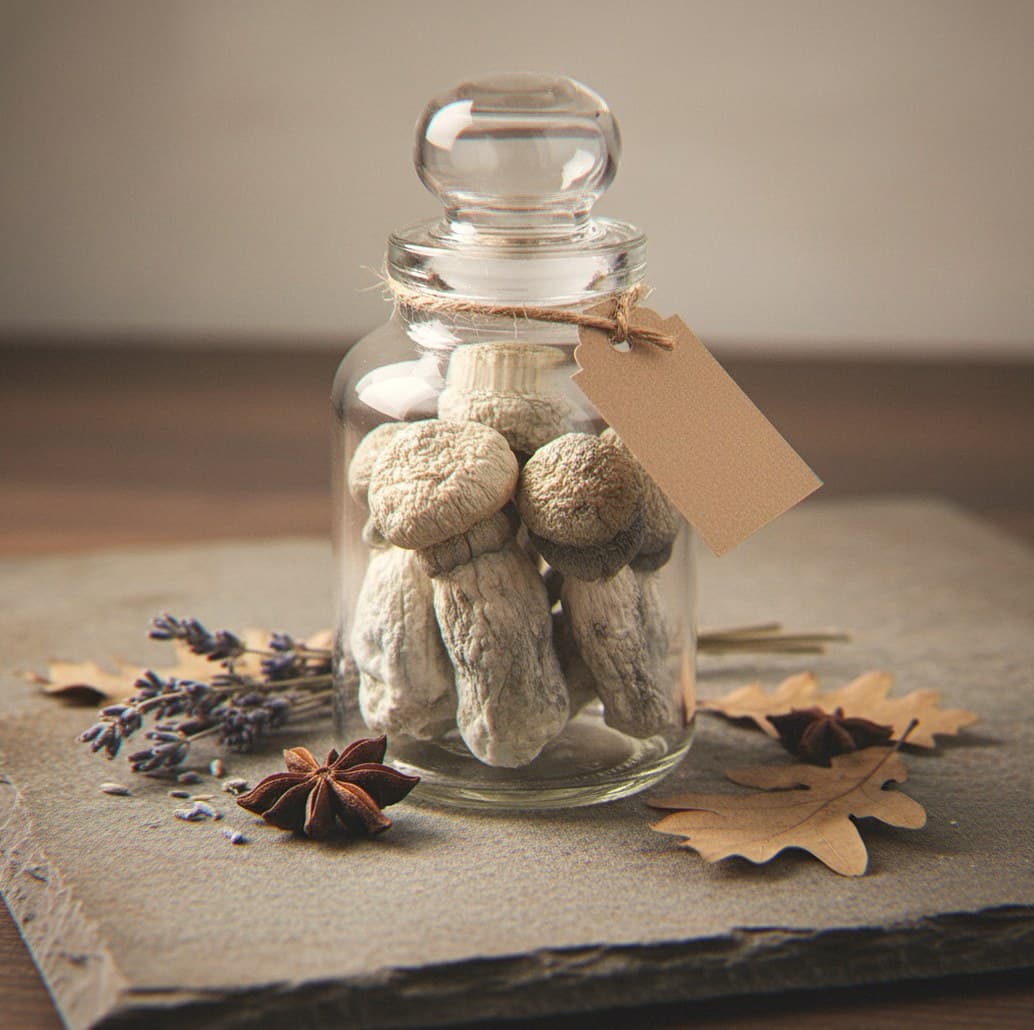 Dried Penis Envy mushrooms in an apothecary jar — MicroDose IQ strain guide