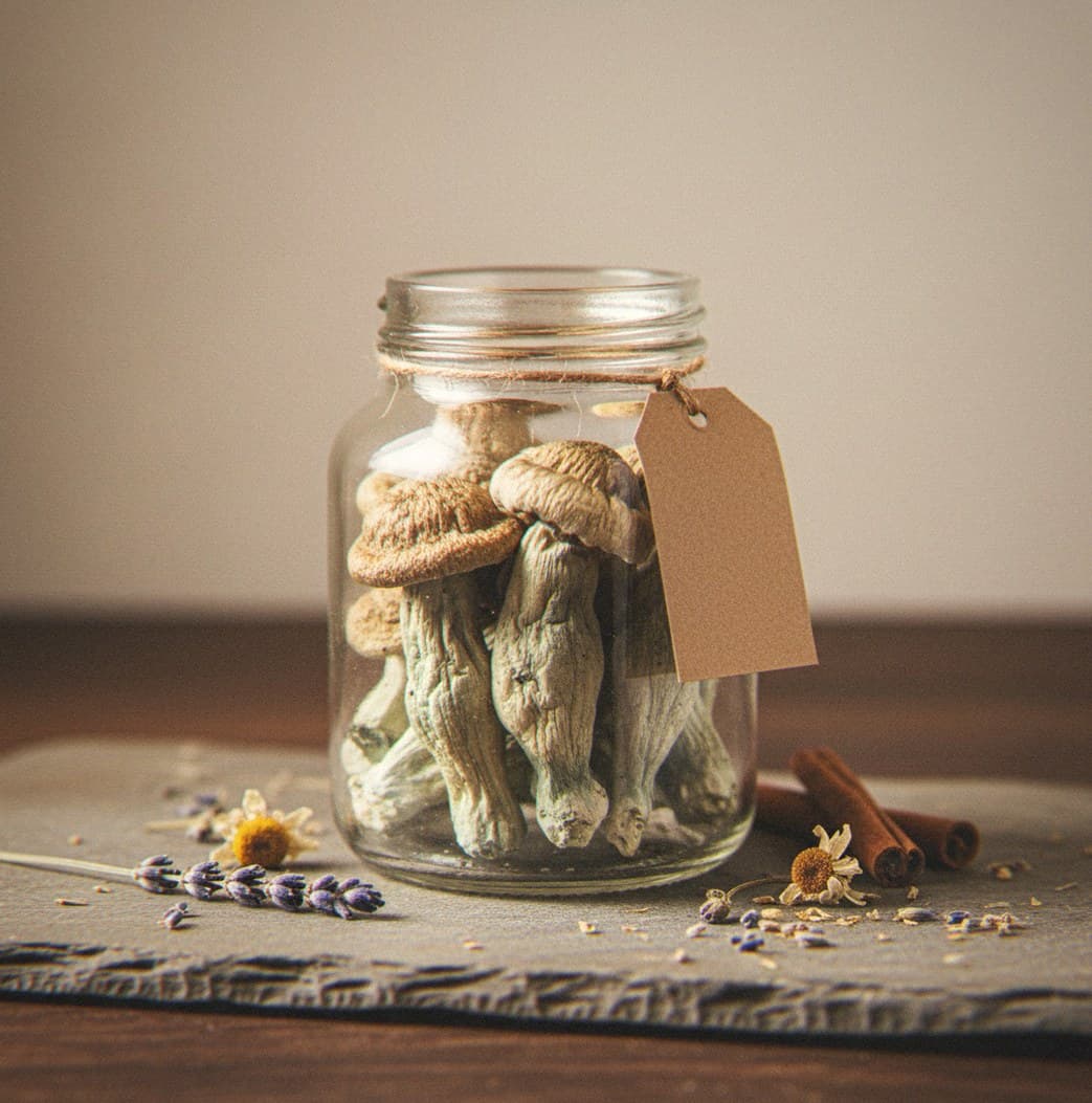 Dried Penis Envy Uncut mushrooms in an apothecary jar — MicroDose IQ strain guide
