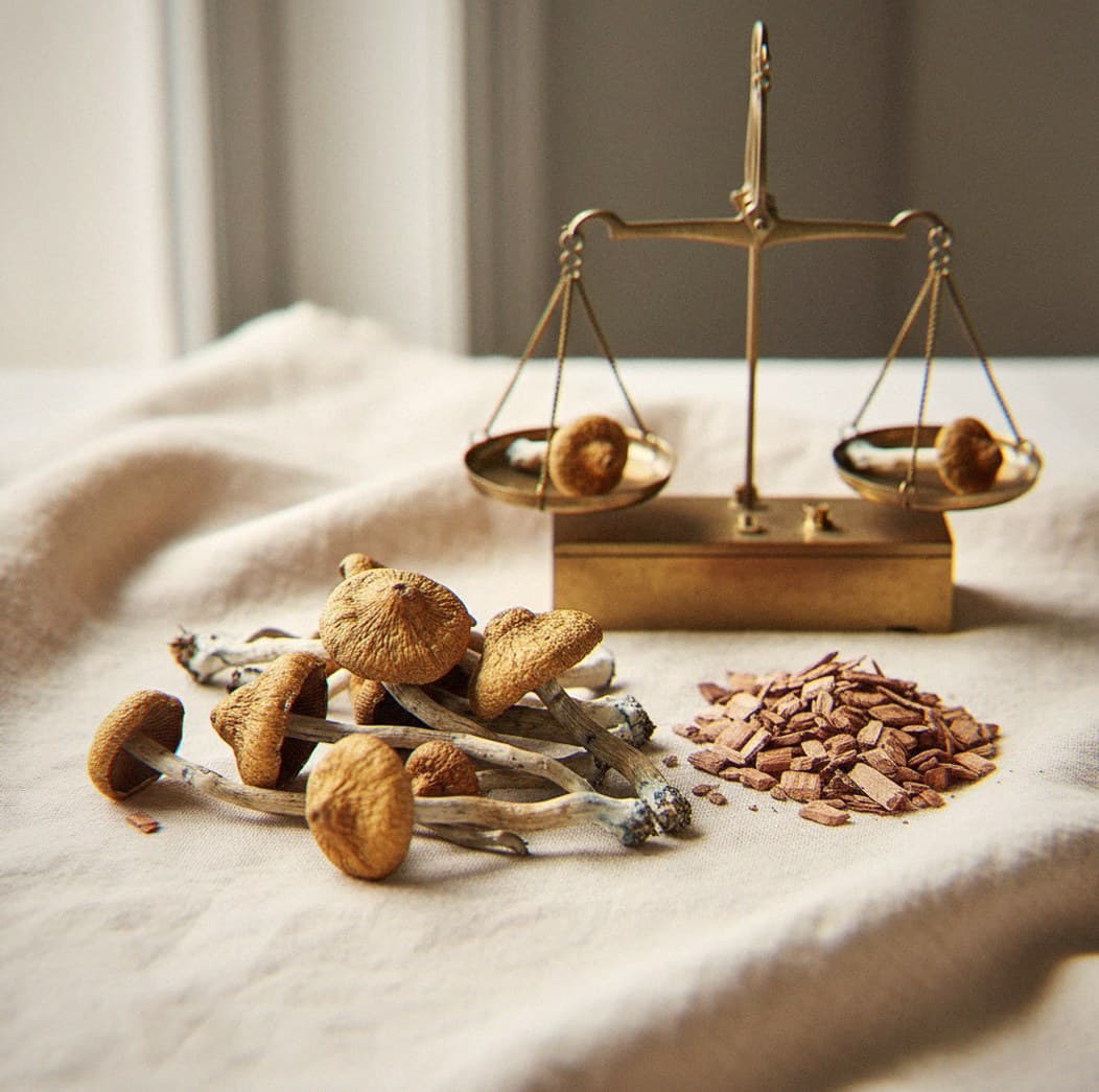 Dried Psilocybe azurescens mushrooms portioned beside an apothecary scale (Psilocybe azurescens)