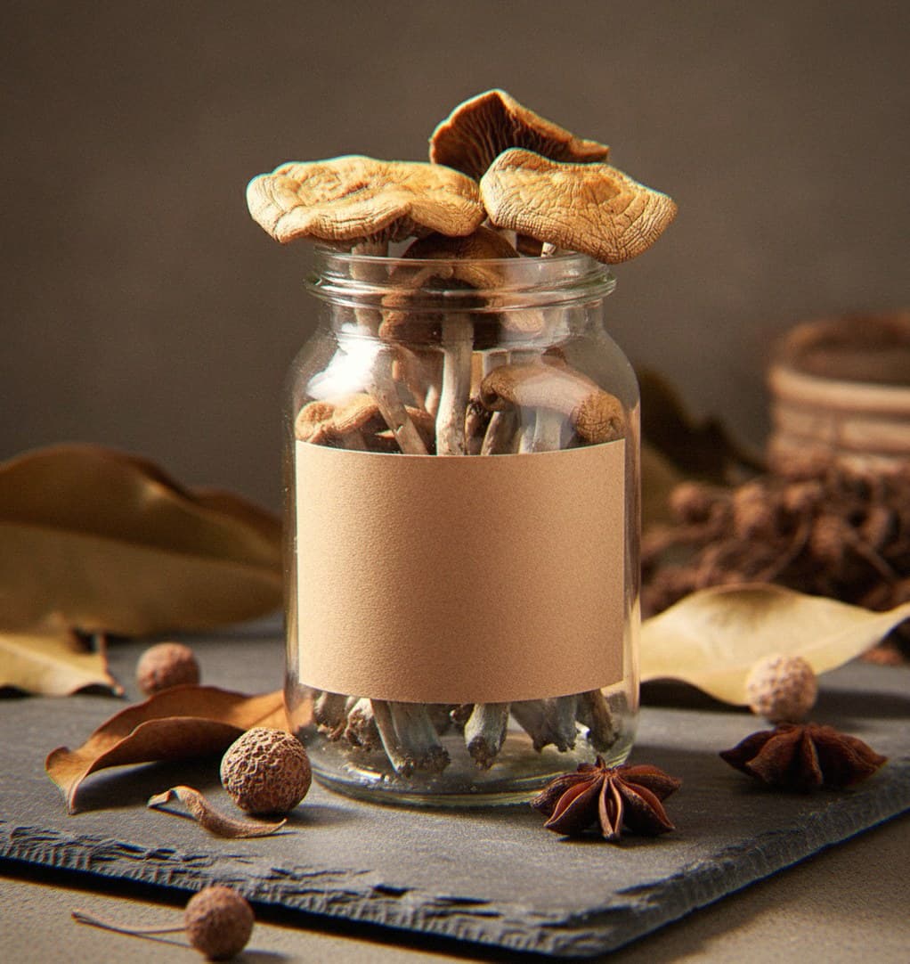 Dried Psilocybe cyanescens mushrooms in an apothecary jar — MicroDose IQ strain guide