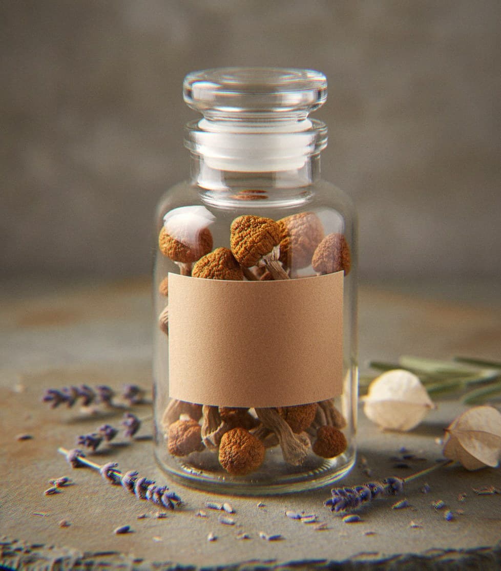 Dried Psilocybe tampanensis mushrooms in an apothecary jar — MicroDose IQ strain guide