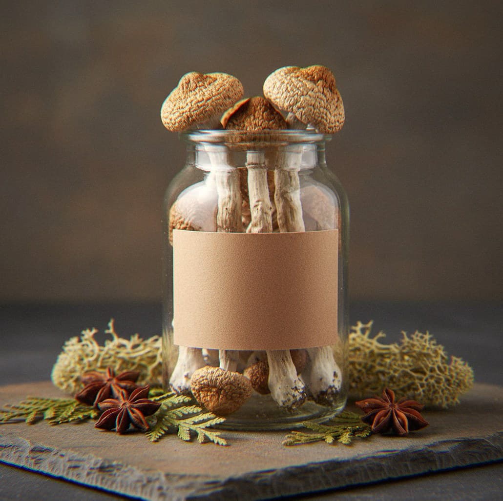 Dried Rusty Whyte mushrooms in an apothecary jar — MicroDose IQ strain guide
