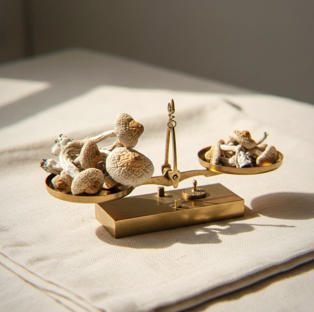 Dried Rusty Whyte mushrooms portioned beside an apothecary scale (Psilocybe cubensis)