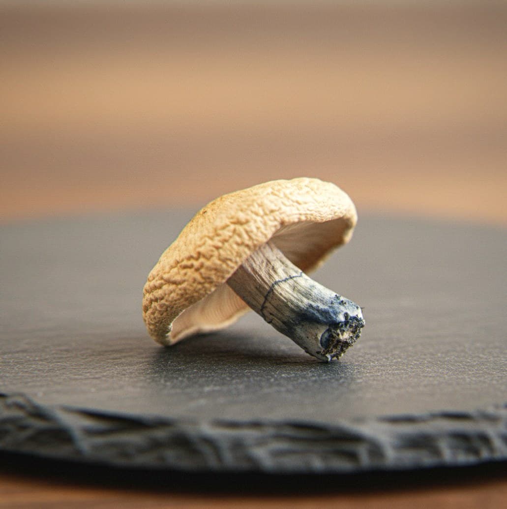 Macro close-up of a dried Stargazer mushroom cap and stem (Psilocybe cubensis)