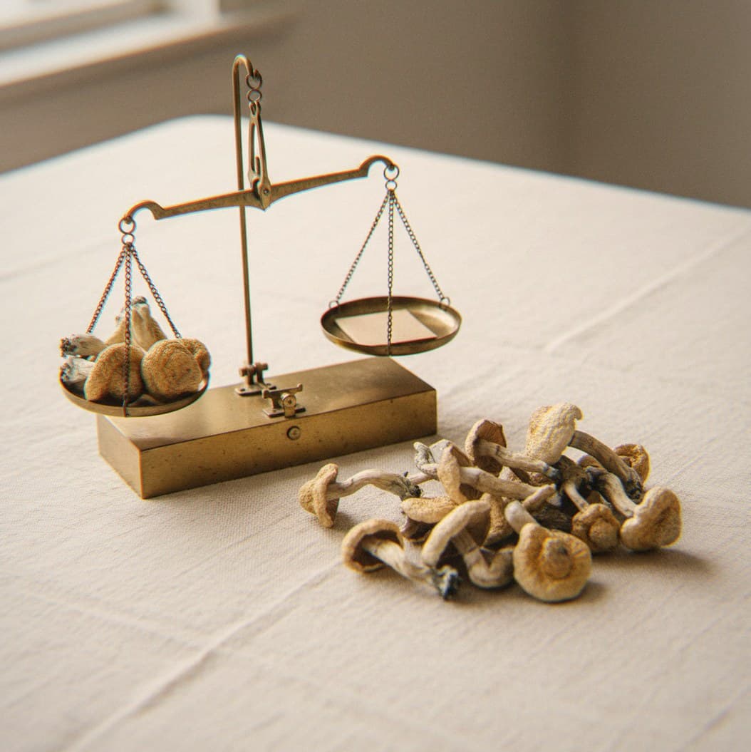 Dried Stargazer mushrooms portioned beside an apothecary scale (Psilocybe cubensis)