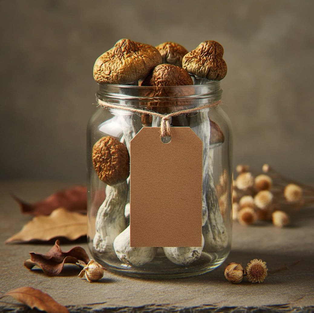 Dried Texas mushrooms in an apothecary jar — MicroDose IQ strain guide