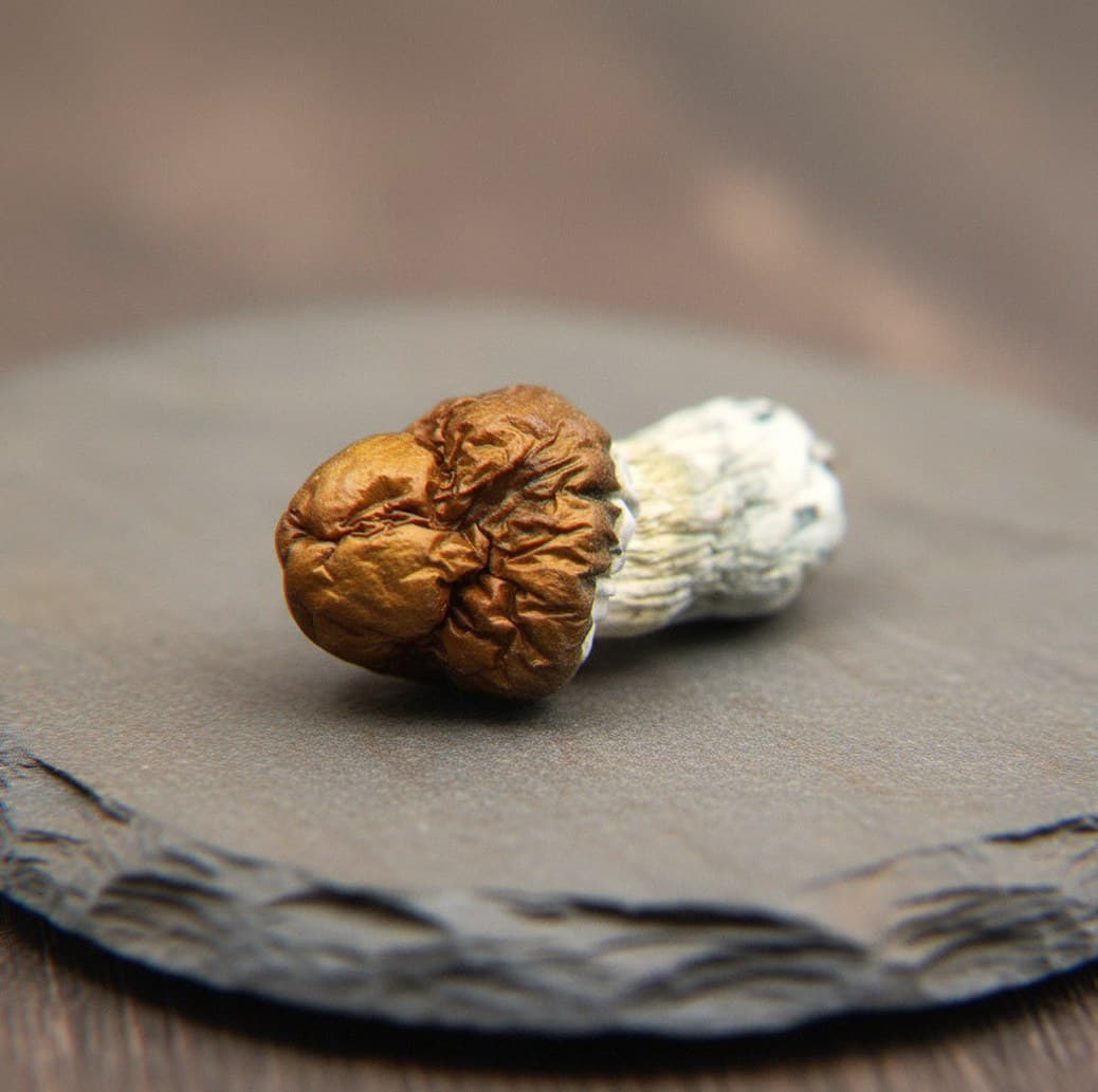 Macro close-up of a dried Texas mushroom cap and stem (Psilocybe cubensis)