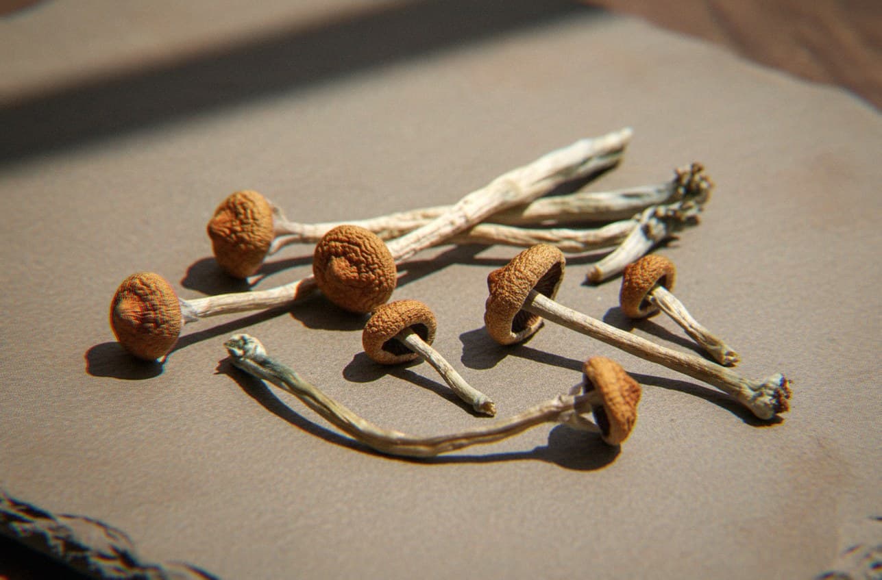 Dried Thai psilocybin mushrooms (Psilocybe cubensis) — small to medium mushrooms with reddish-brown caps
