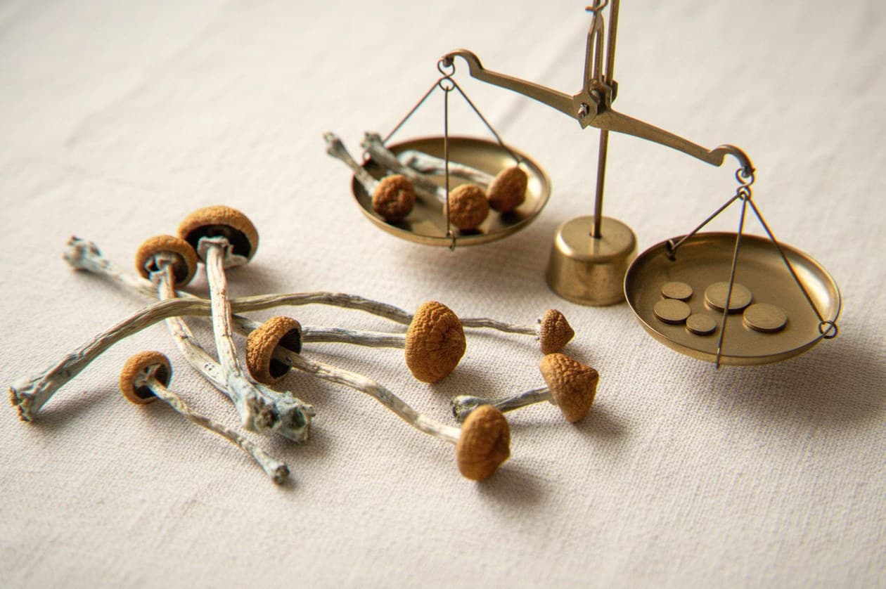 Dried Thai mushrooms portioned beside an apothecary scale (Psilocybe cubensis)