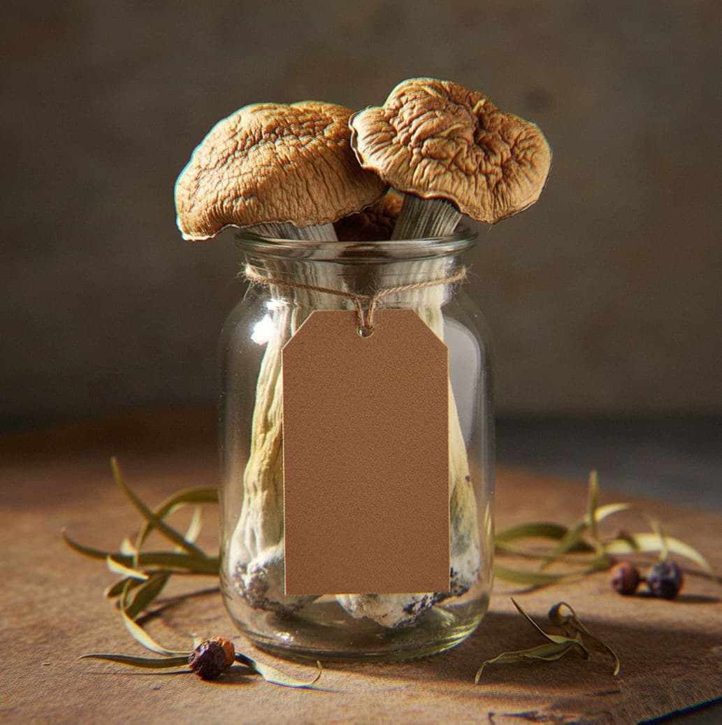 Dried Tidal Wave mushrooms in an apothecary jar — MicroDose IQ strain guide