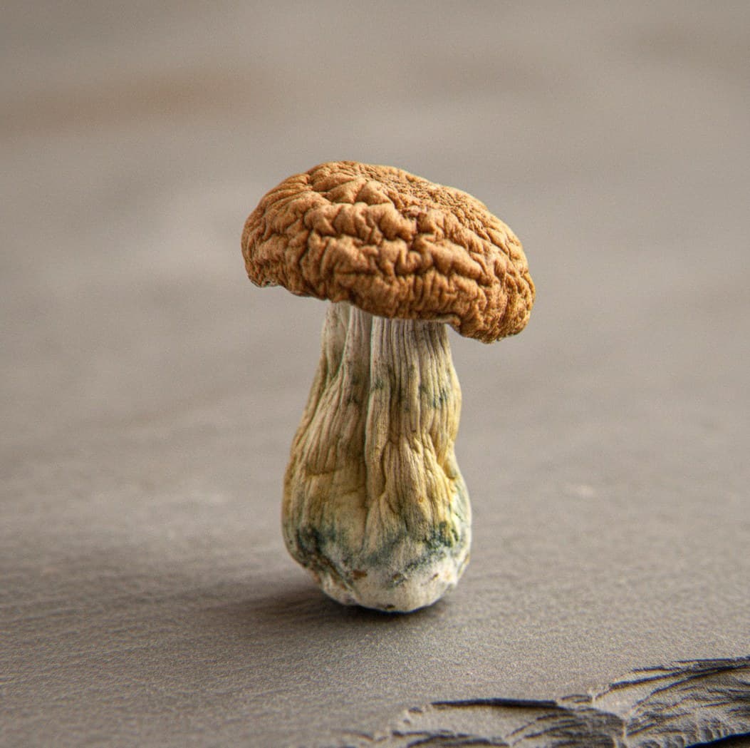 Macro close-up of a dried Tidal Wave mushroom cap and stem (Psilocybe cubensis)