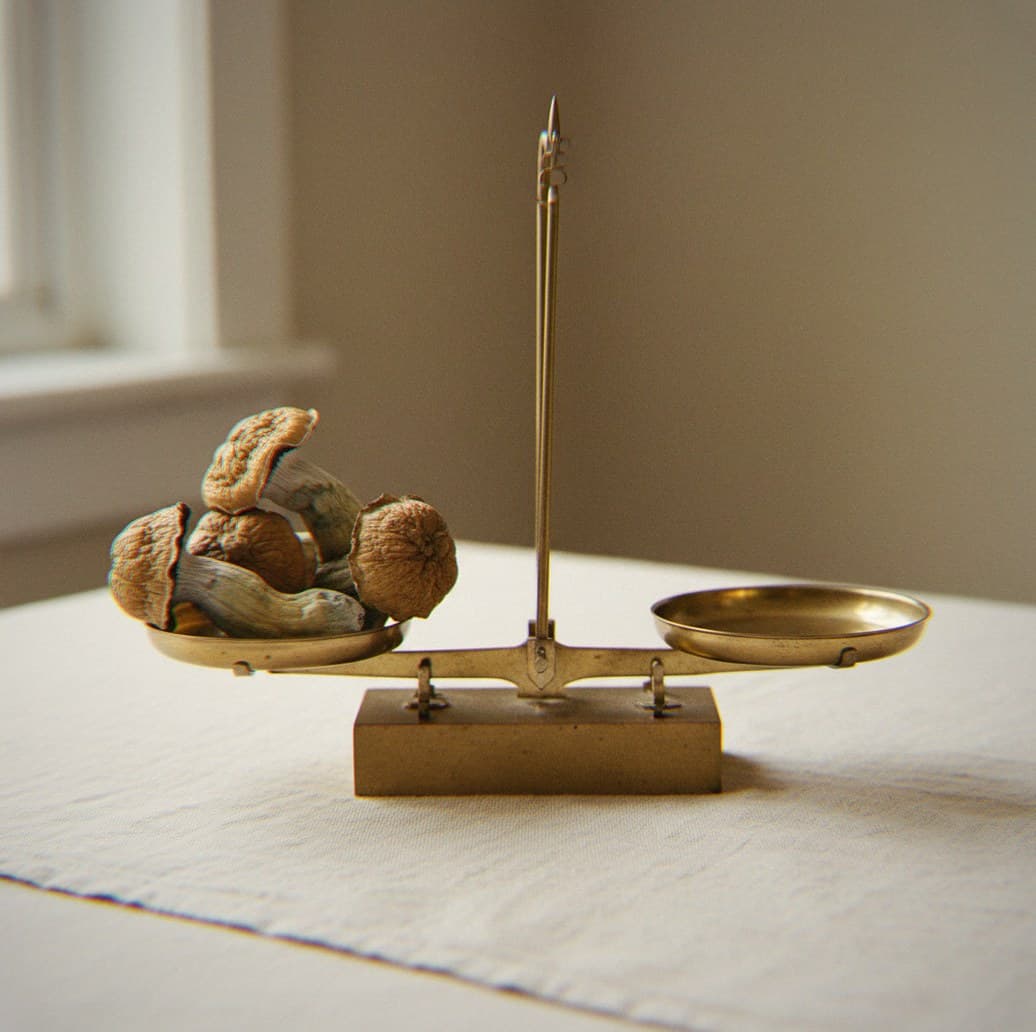 Dried Tidal Wave mushrooms portioned beside an apothecary scale (Psilocybe cubensis)