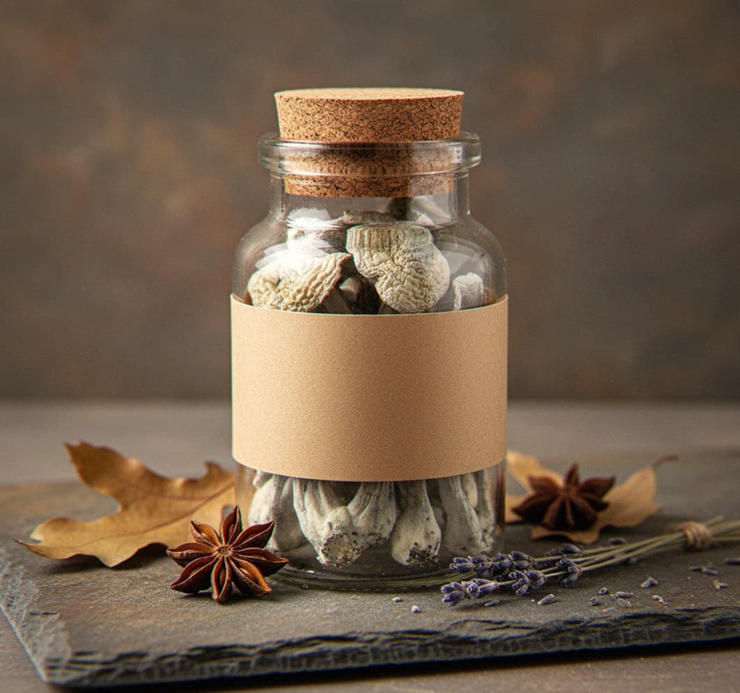Dried Treasure Coast mushrooms in an apothecary jar — MicroDose IQ strain guide