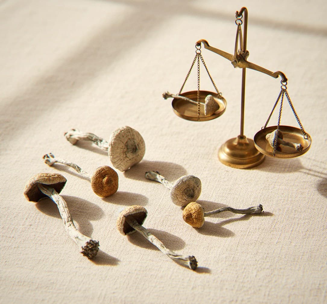 Dried Treasure Coast mushrooms portioned beside an apothecary scale (Psilocybe cubensis)