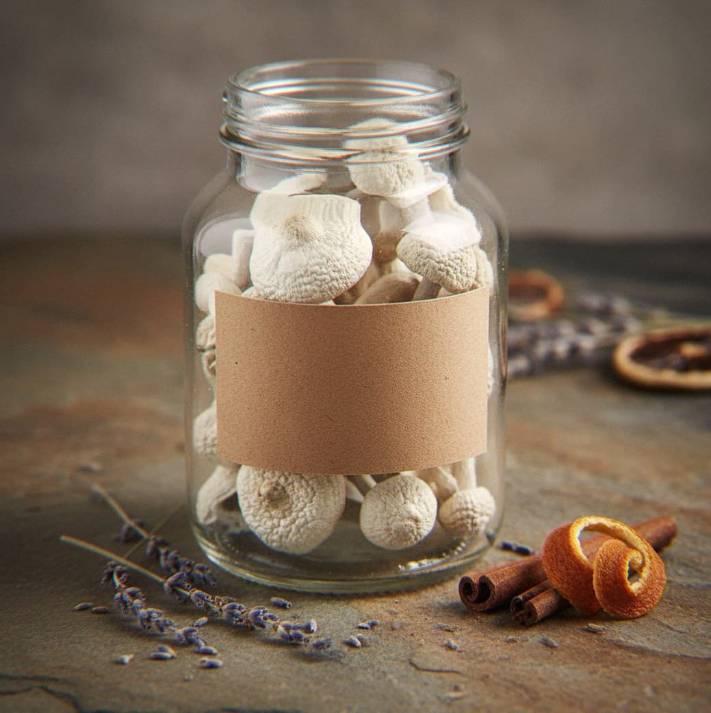 Dried True Albino Teacher mushrooms in an apothecary jar — MicroDose IQ strain guide
