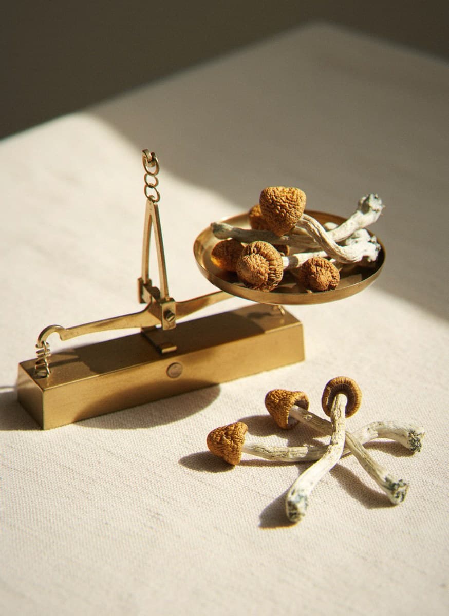 Dried Wollongong mushrooms portioned beside an apothecary scale (Psilocybe cubensis)