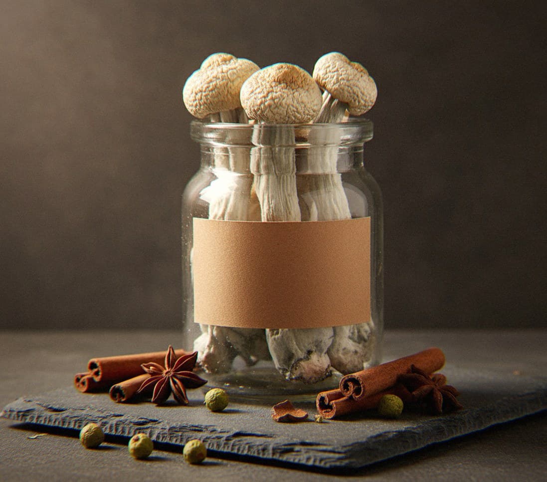 Dried Yeti mushrooms in an apothecary jar — MicroDose IQ strain guide