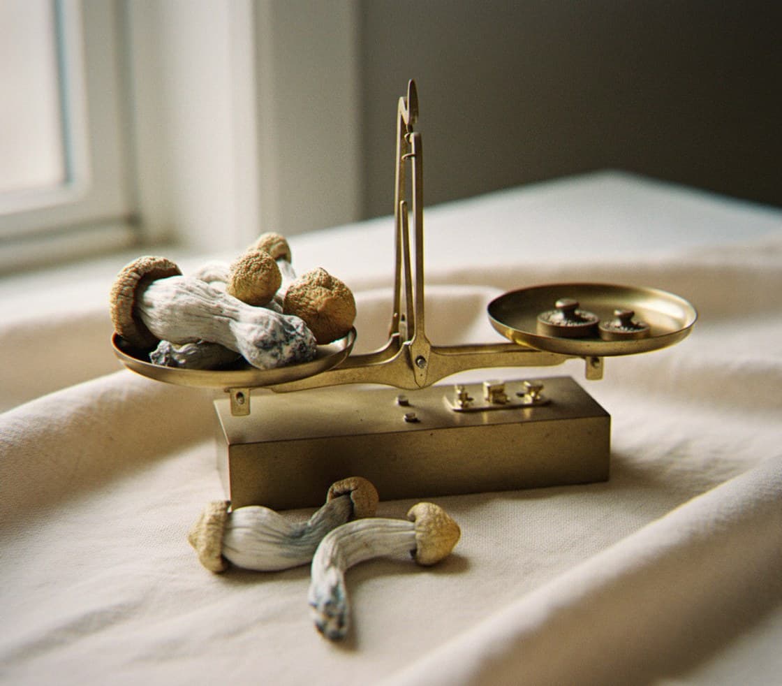 Dried Yeti mushrooms portioned beside an apothecary scale (Psilocybe cubensis)