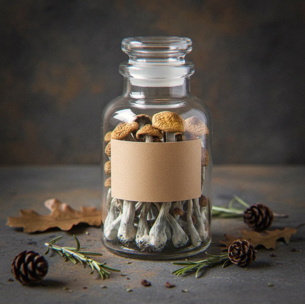 Dried Z-Strain mushrooms in an apothecary jar — MicroDose IQ strain guide