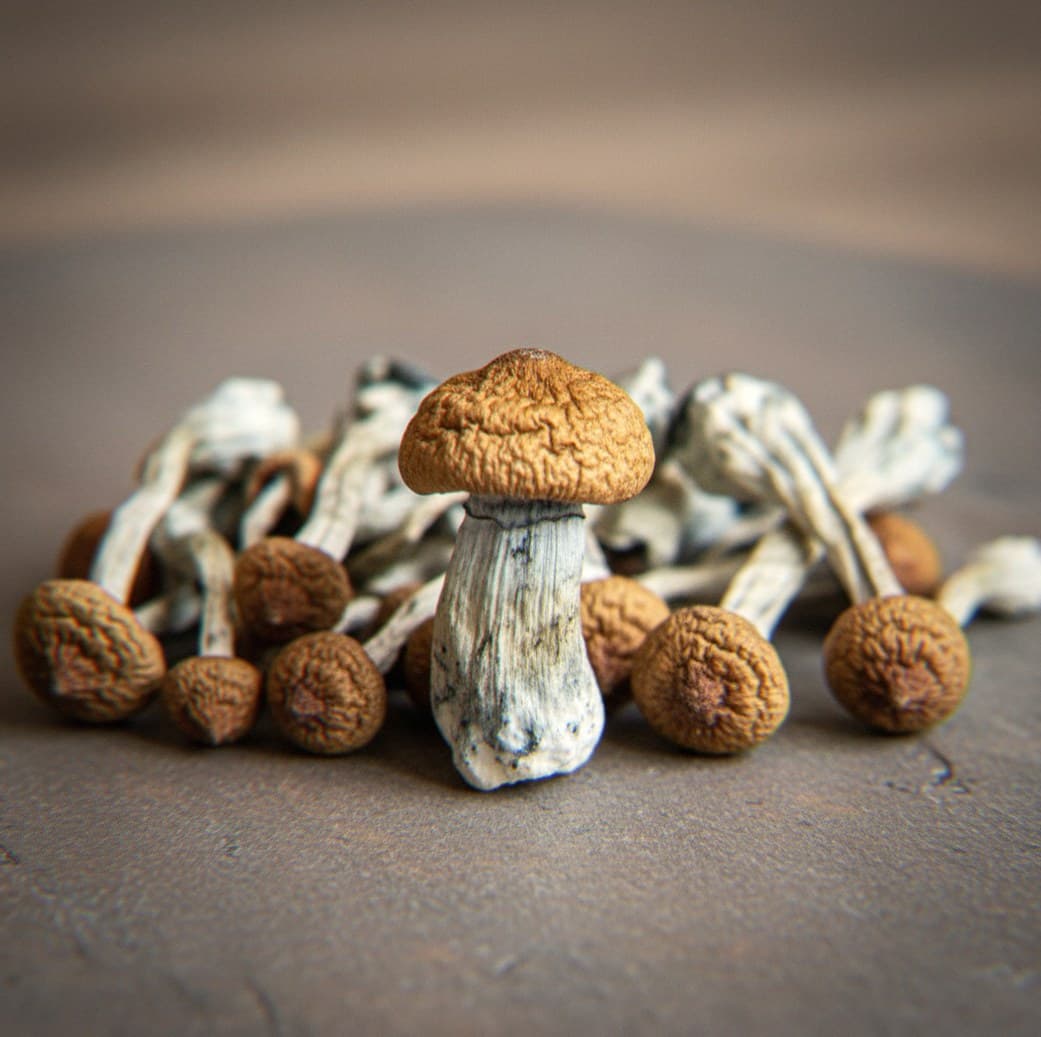 Macro close-up of a dried Z-Strain mushroom cap and stem (Psilocybe cubensis)