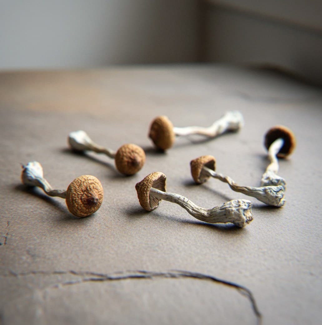Dried Z-Strain psilocybin mushrooms (Psilocybe cubensis) — dense clusters of medium mushrooms with golden-brown caps